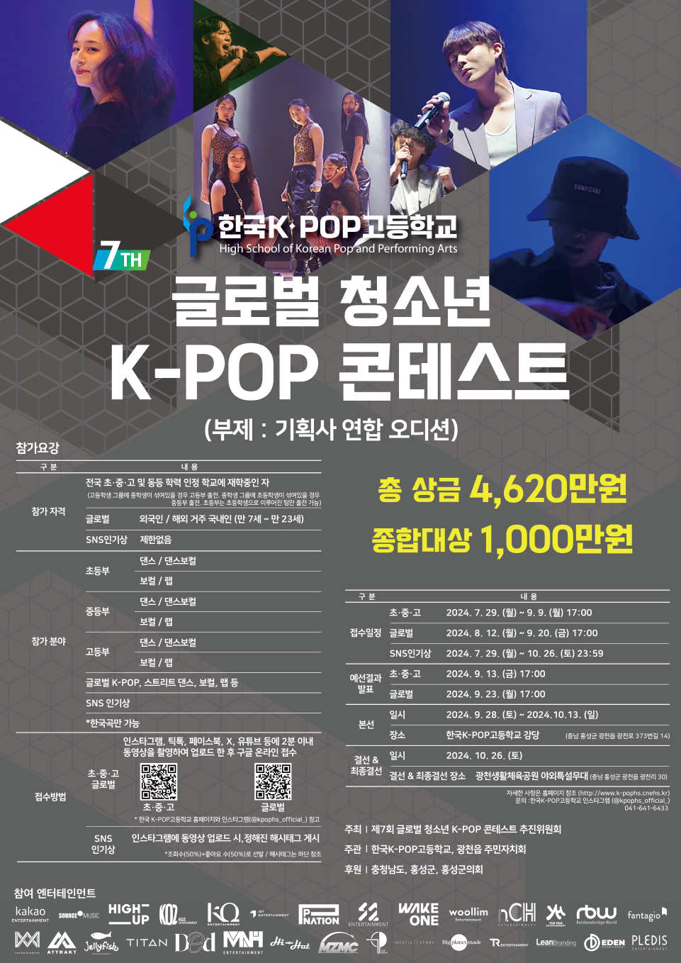 한국k-pop고등학교 한국K-POP고등학교_제7회 글로벌 청소년 K-POP 콘테스트 홍보 포스터_한글(시상금 증액 및 기간 변경).png